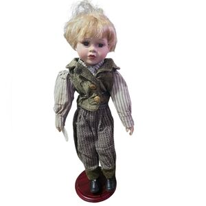 Classic Blonde Doll with Striped Outfit Porcelain